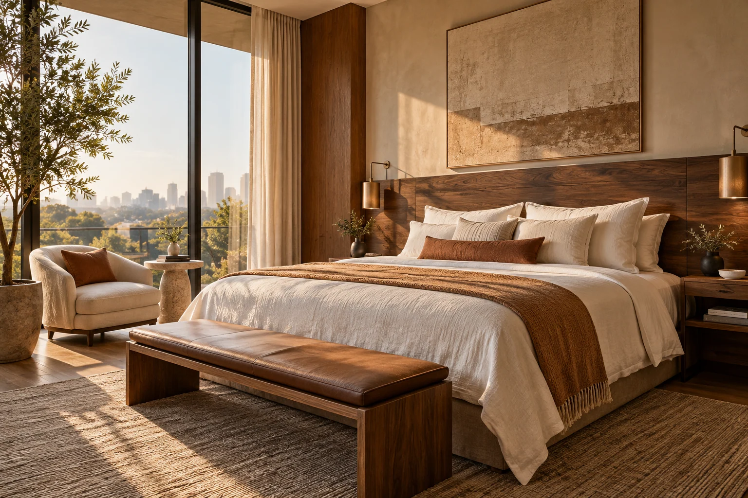 AI-created editorial illustration: A serene contemporary boutique hotel room with a linen-covered bed, walnut headboard and soft morning light, fictional property.